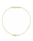 14K yellow gold petite script Mama Bracelet on a white background Camille Jewelry
