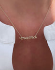 14k yellow Gold script Mama Necklace on model |  Camille Jewelry