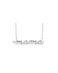 14K white gold script mama plate necklace on a delicate chain on a white background - Camille Jewelry