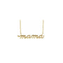 Yellow Gold Script Mama Necklace with delicate chain on white background white by Camille Jewelry