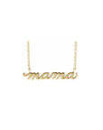 Yellow Gold Script Mama Necklace with delicate chain on white background white by Camille Jewelry