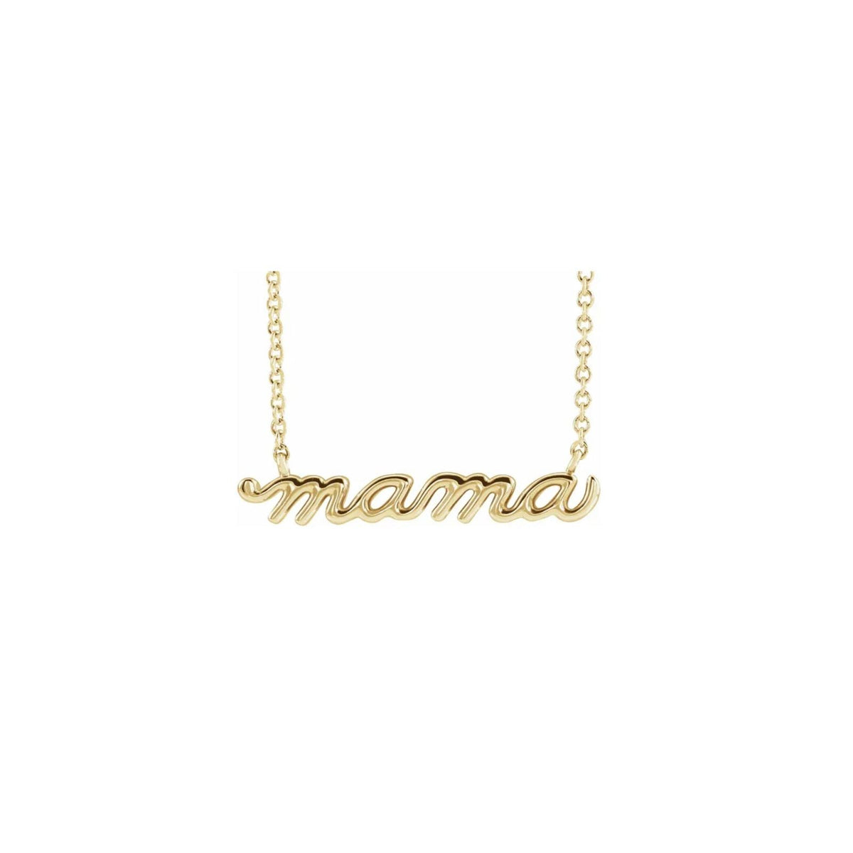 Yellow Gold Script Mama Necklace with delicate chain on white background white by Camille Jewelry