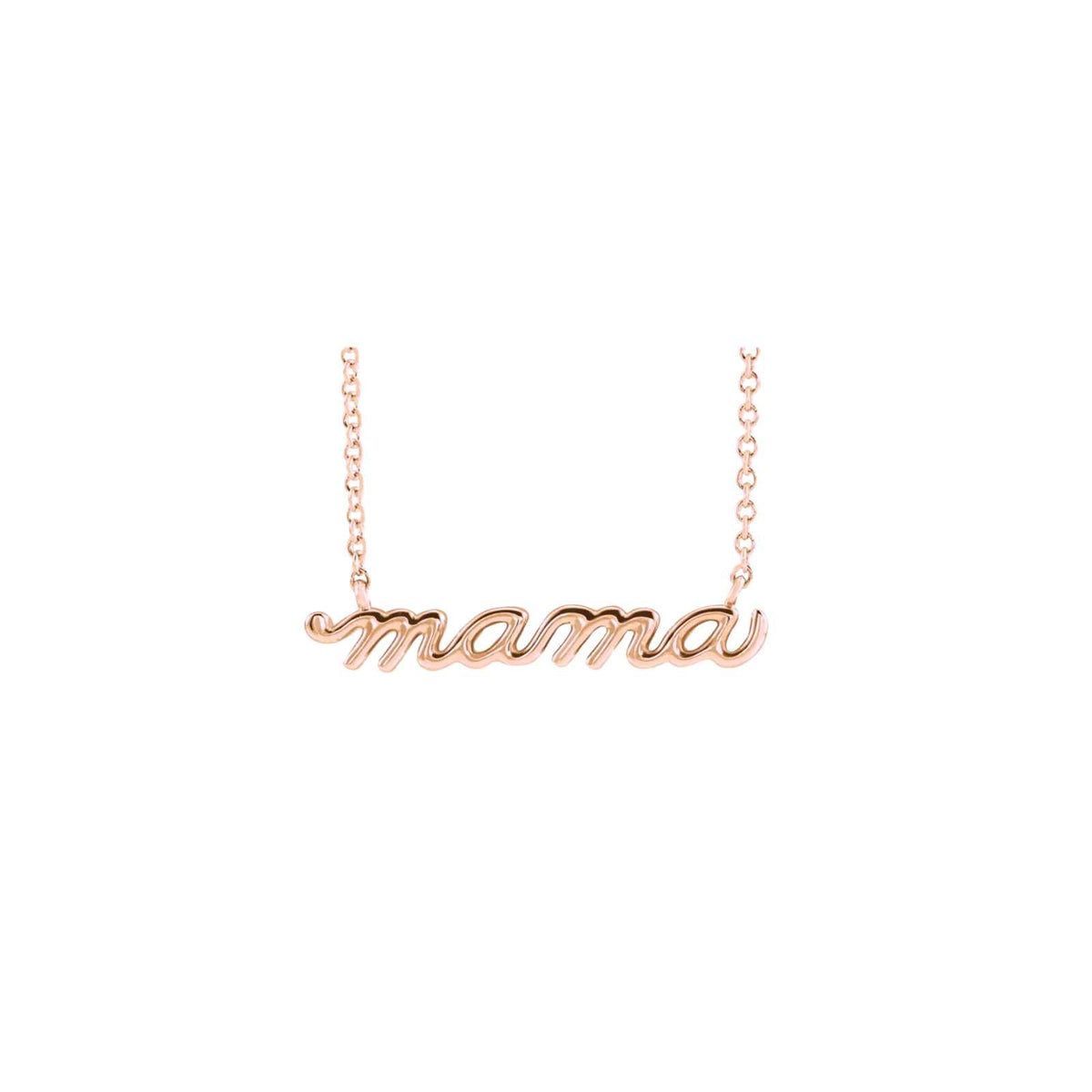 14K rose gold script Mama plate on a delicate chain on white background white | Camille Jewelry