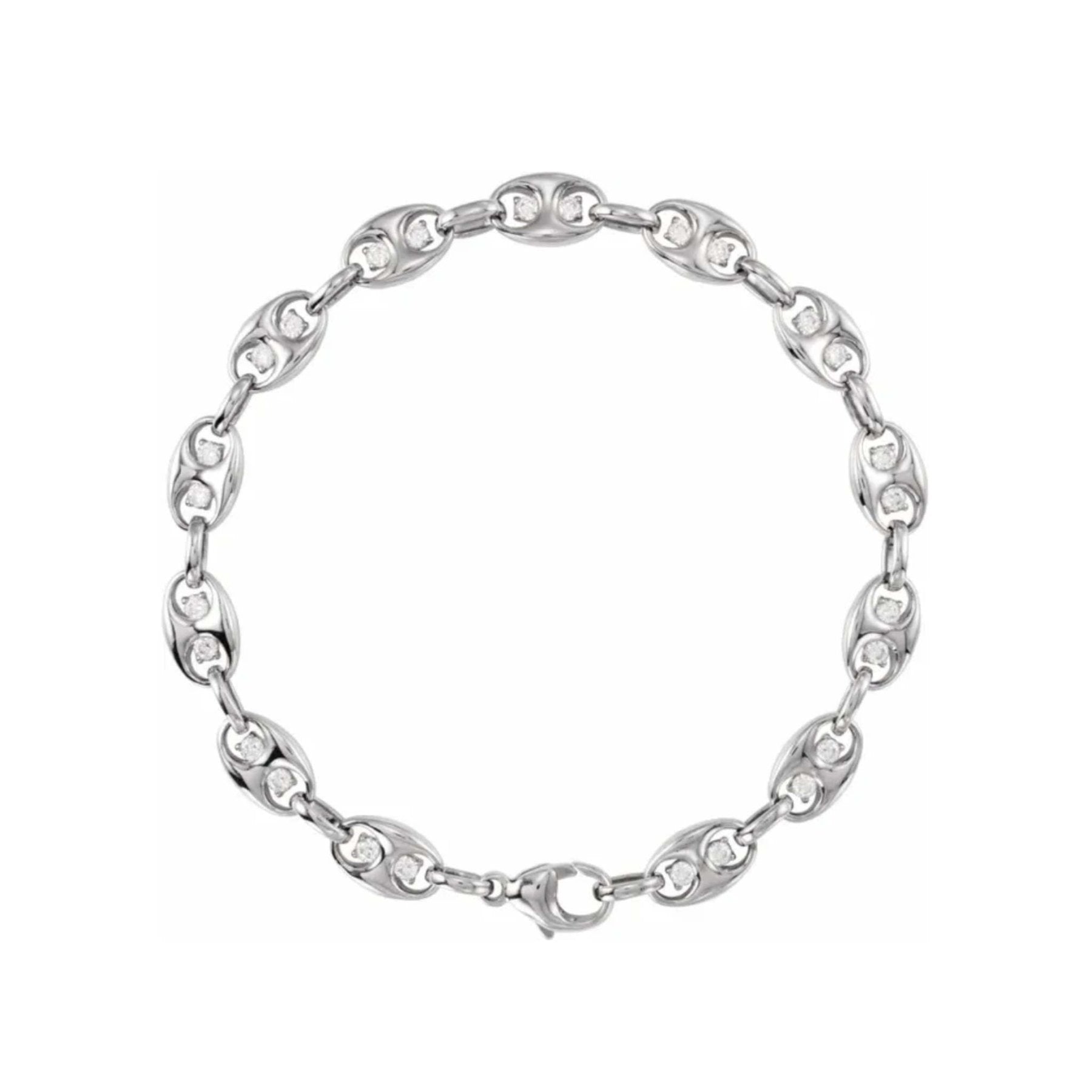 14K white Gold mariner bracelet with diamonds on a white background by Camille Jewelry. 