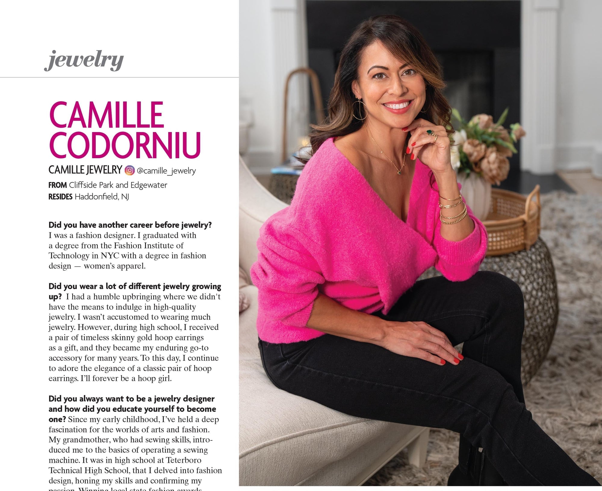 Camille Codorniu in pink sweater sitting on a couch with jewelry for the 201 Magazine north jersey photoshoot. 