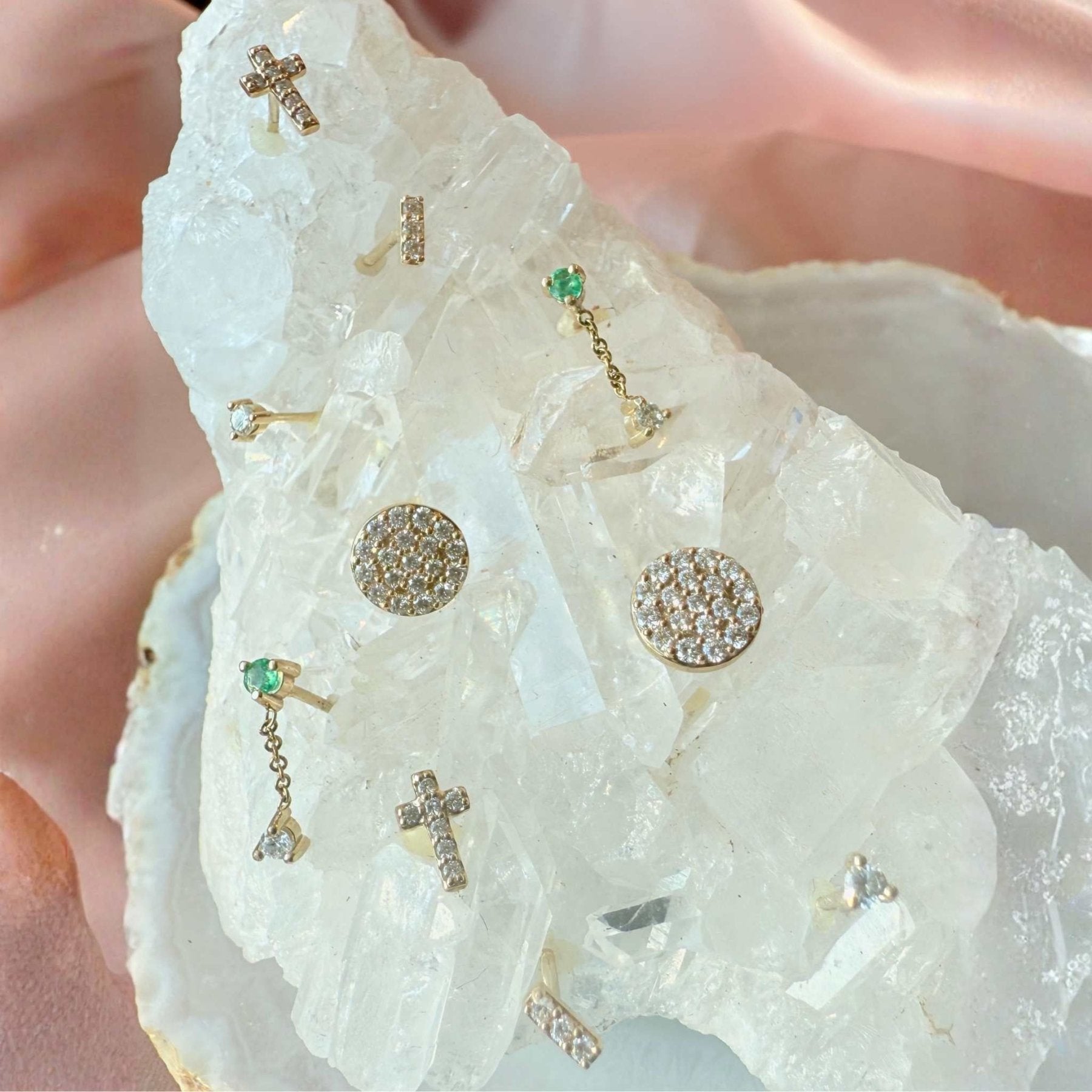 Micro Stud Earrings – Emerald and Diamond Glow in 14K Gold - Camille Jewelry