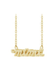  3/4 view of 14K yellow gold script Mimi Necklace with cable chain on a white background- Camille Jewelry