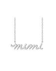 14K white gold script nameplate Mimi Necklace on a cable chain displayed on a white background.  - Camille Jewelry