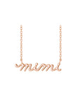 14k rose gold script Mimi Necklace on a cable chain with white background- Camille Jewelry