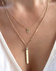 14K gold filled Mini Plaque Personalized Necklace with other chain styles on a models neck- Camille Jewelry
