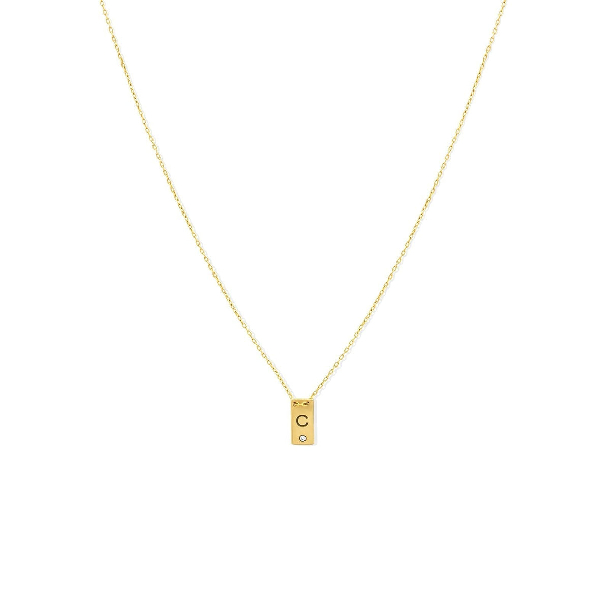 14K gold filled Mini Plaque Personalized Necklace on a white background - Camille Jewelry