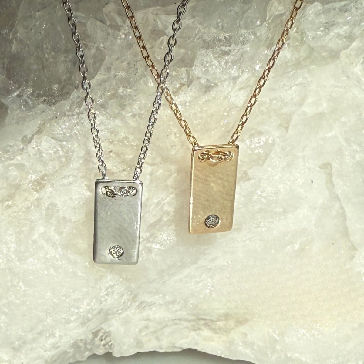 14K gold filled and silver Mini Plaque Personalized Necklace on a marble background - Camille Jewelry