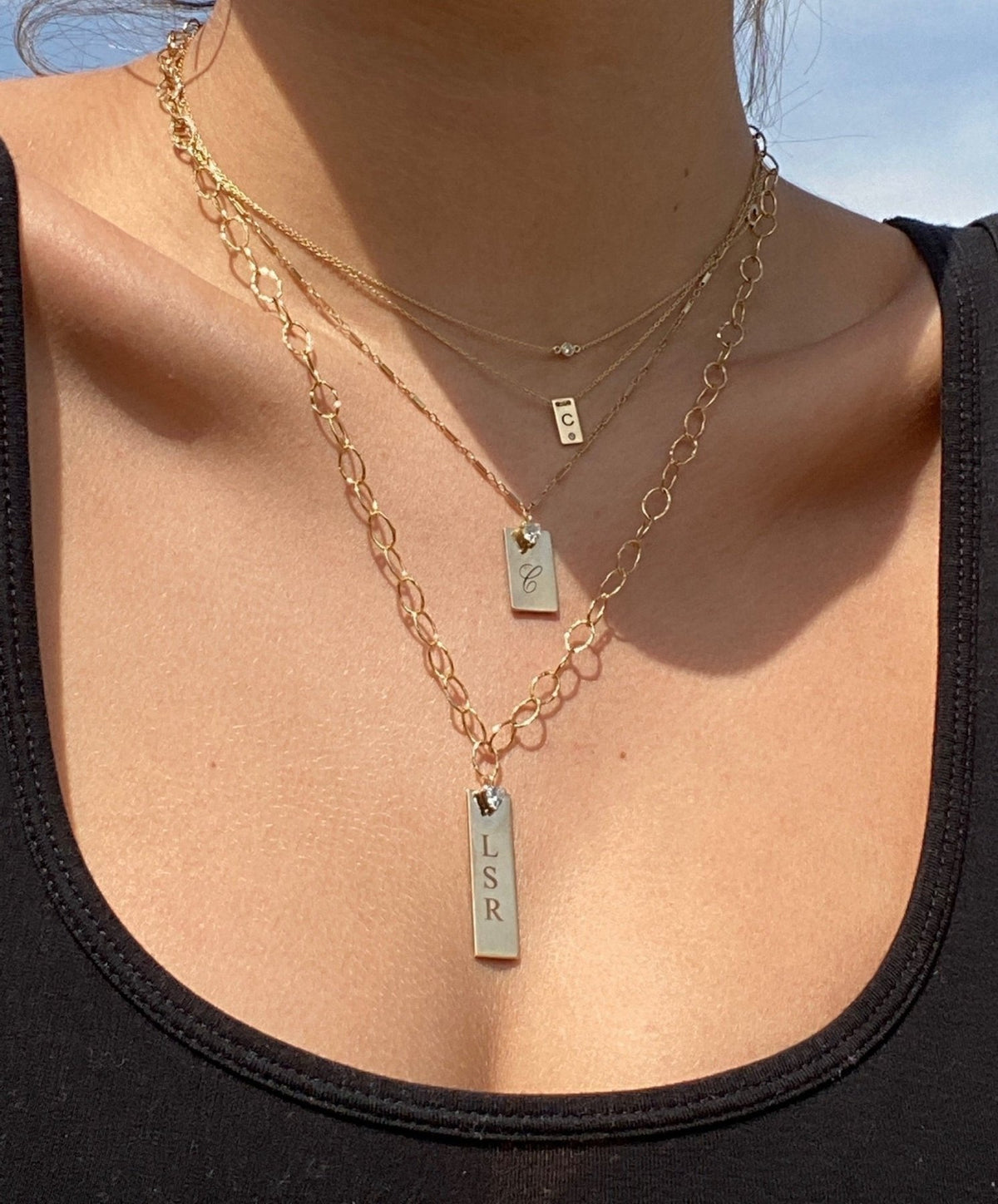 14K gold filled Mini Plaque Personalized Necklace with other chain styles on a models neck- Camille Jewelry