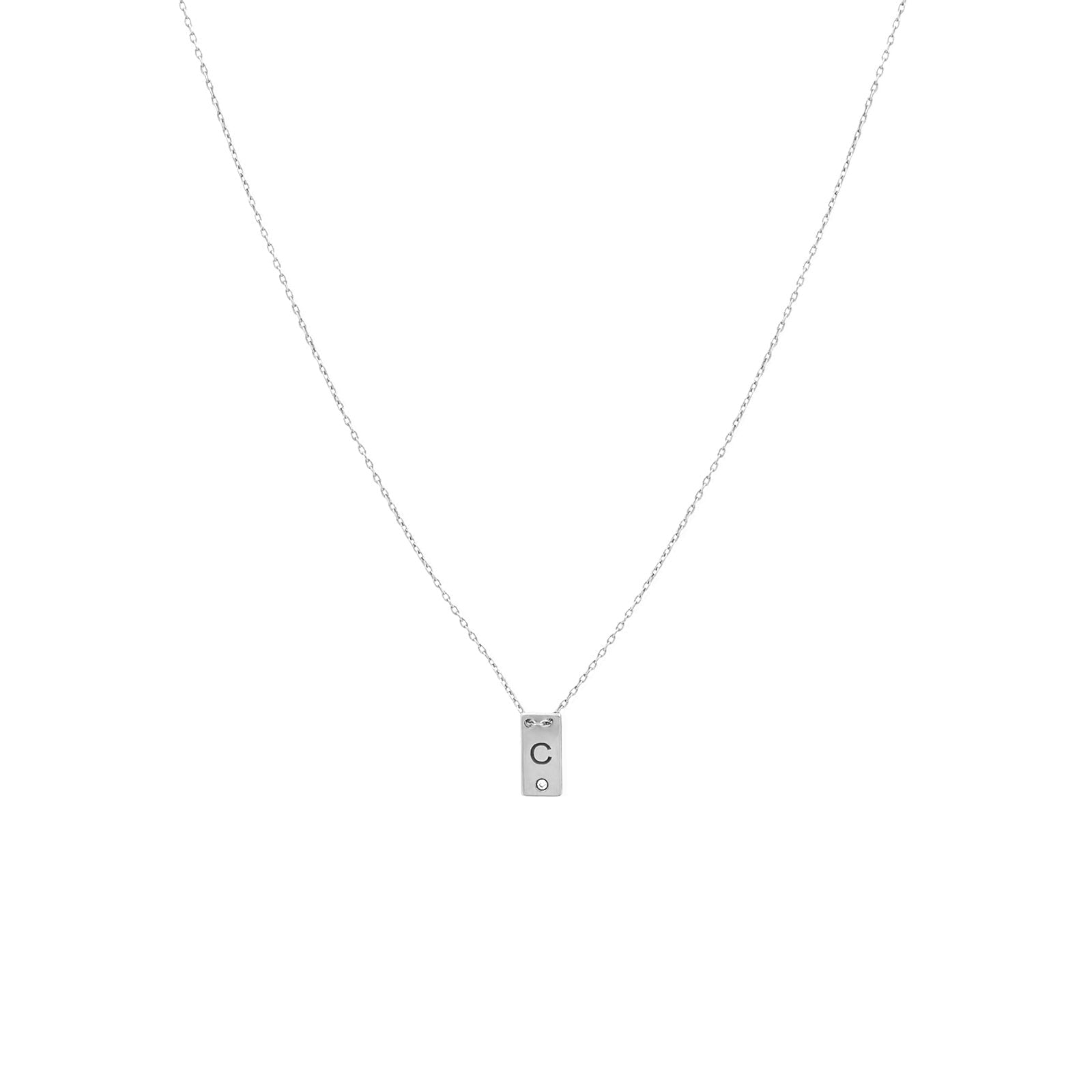 Sterling Silver Mini Plaque Personalized Necklace on a white background - Camille Jewelry