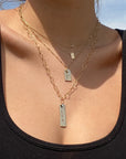 14K gold filled Mini Plaque Personalized Necklace with other chain styles on a models neck- Camille Jewelry