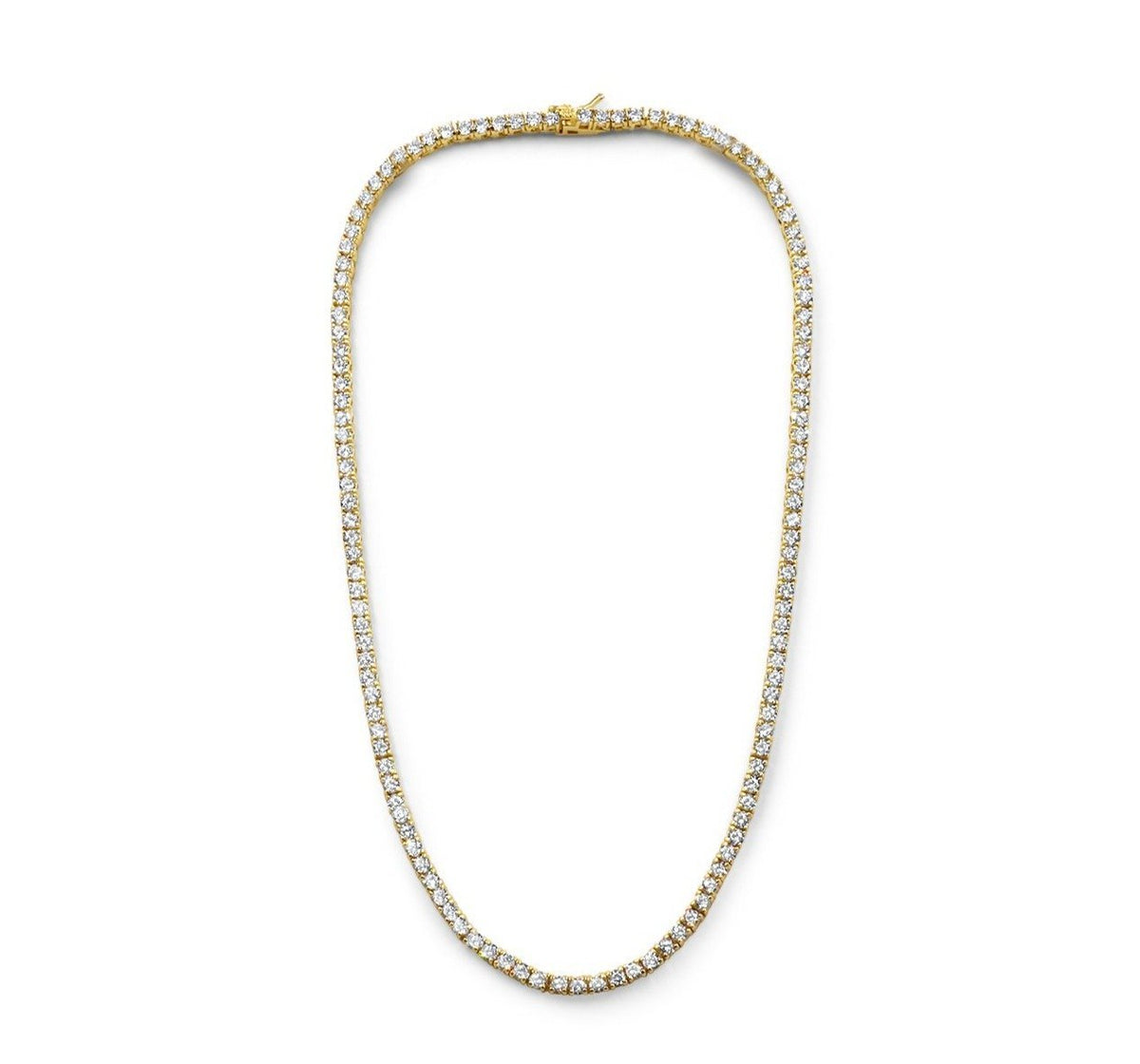 Modern tennis necklace in gold plated sterling silver with cubic zirconia on a white background by Camille Jewelry