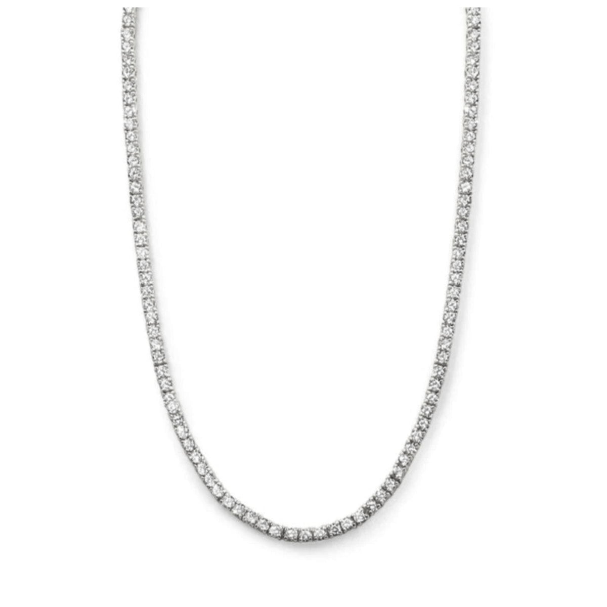 Modern tennis necklace in gold plated sterling silver with cubic zirconia on a white background by Camille Jewelry