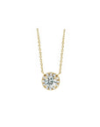 14K yellow gold Natural Diamond French Halo Solitaire Necklace On White Background- Camille Jewelry