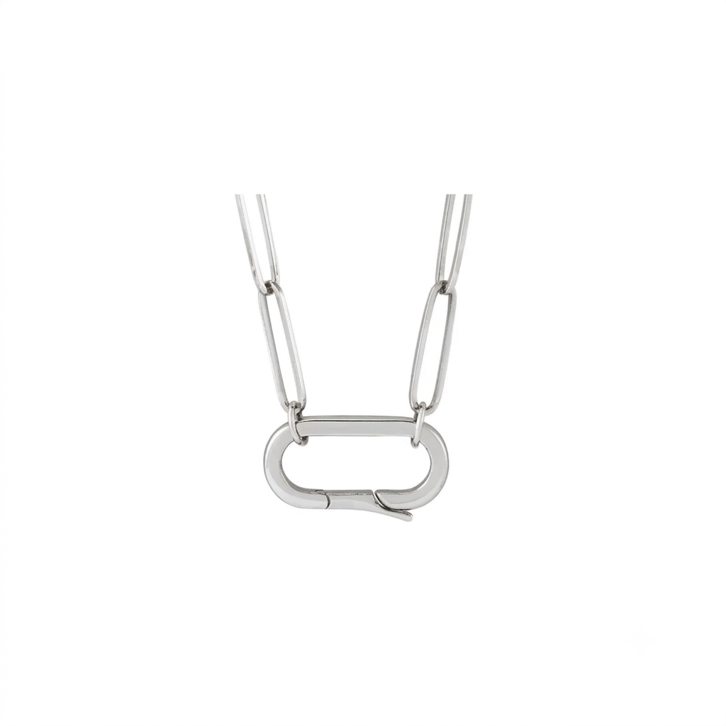 Oval charm holder necklace in 14K white gold with a hinged oval pendant on a white background front view by Camille Jewelry
