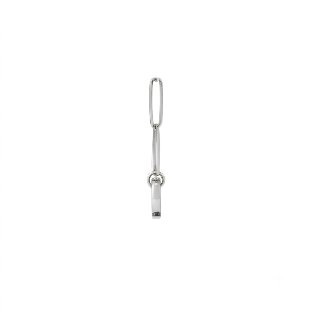 Oval charm holder necklace in 14K white gold with a hinged oval pendant on a white background side view by Camille Jewelry