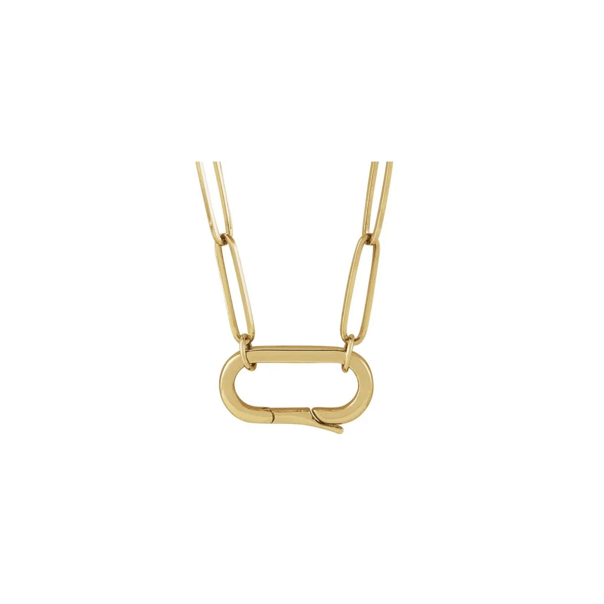 Oval charm holder necklace in 14K yellow gold with a hinged oval pendant on a white background by Camille Jewelry