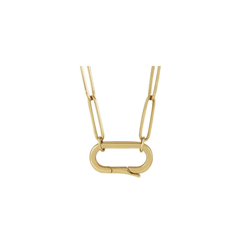 Oval charm holder necklace in 14K yellow gold with a hinged oval pendant on a white background by Camille Jewelry