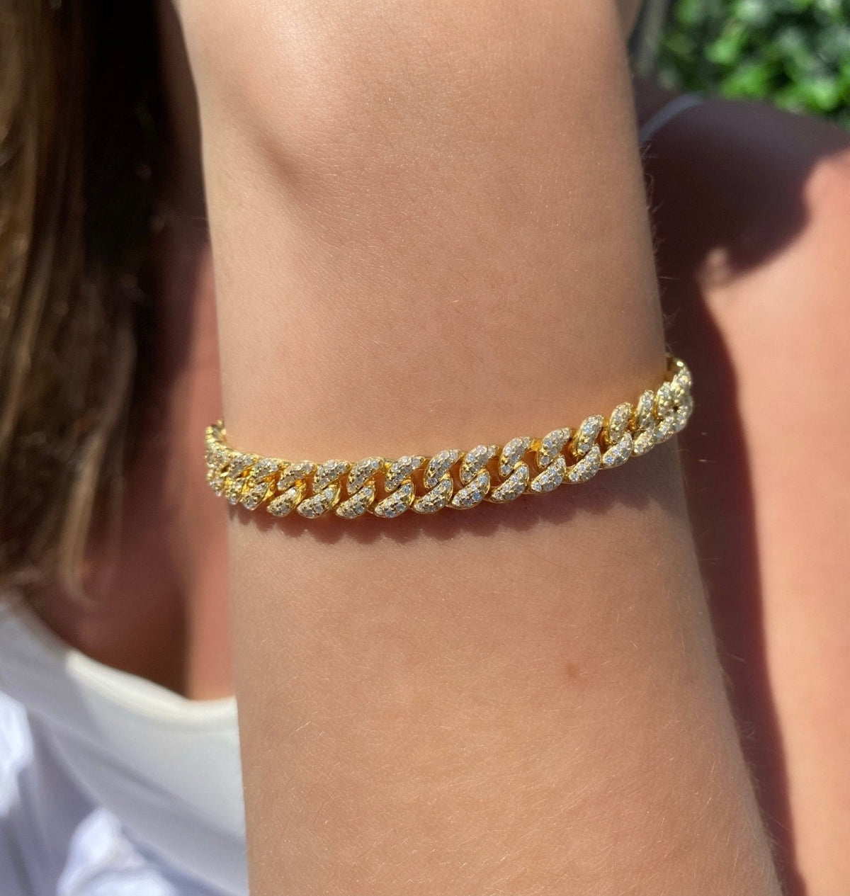 Vermeil Curb Pave Chain Link Bracelet on a models arm- Camille Jewelry