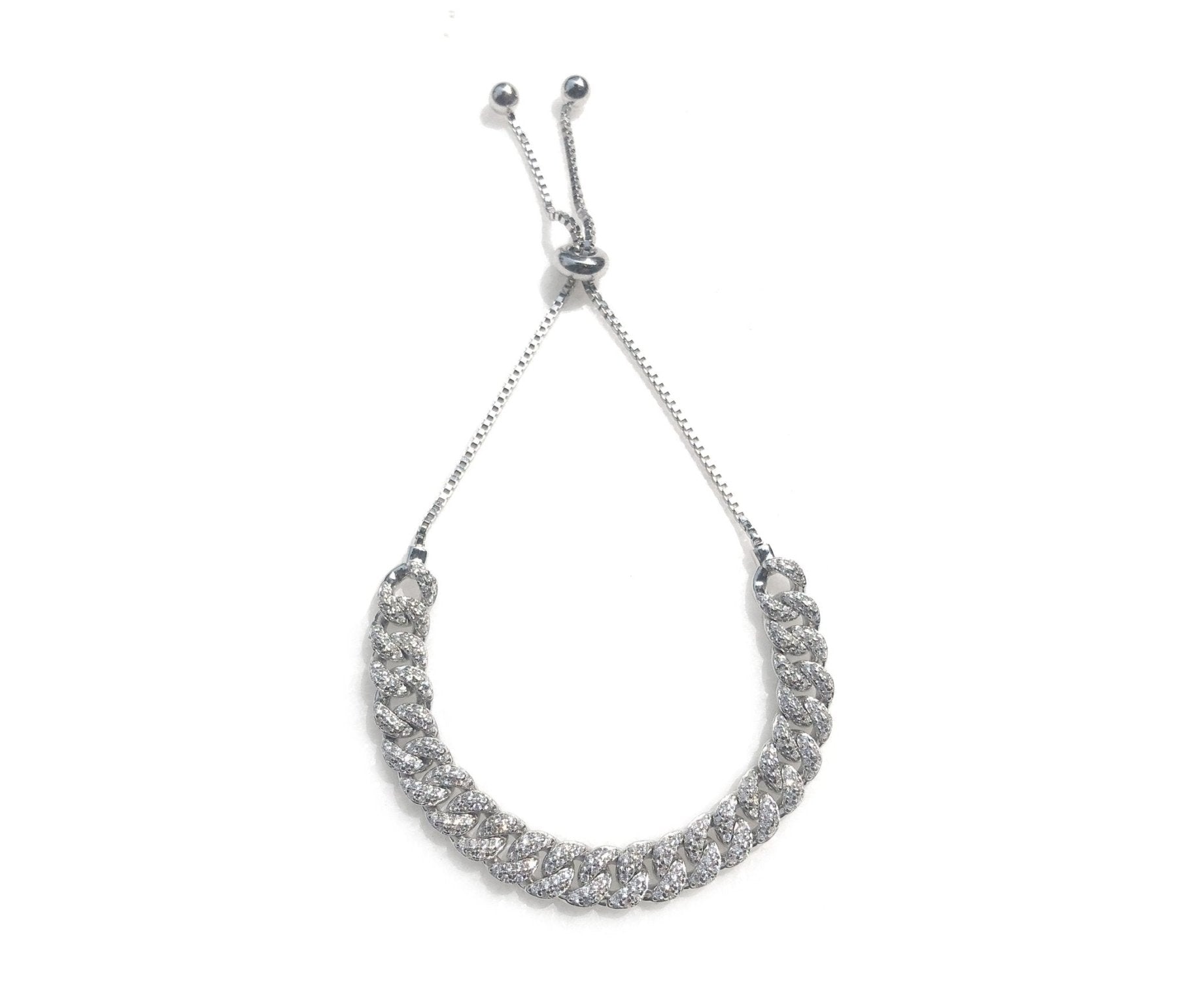 Sterling Silver Curb Pave Chain Link Bracelet on a white background- Camille Jewelry