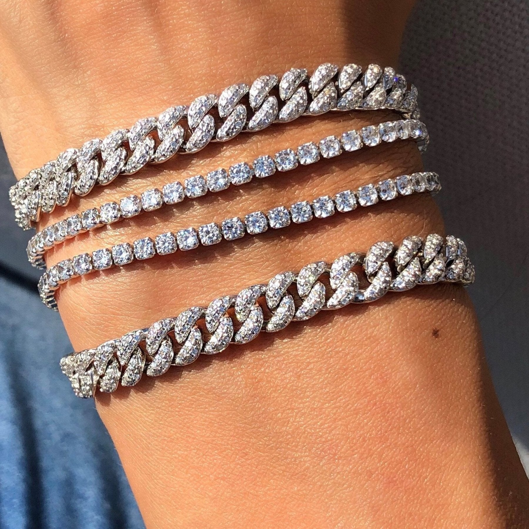 Sterling Silver Curb Pave Chain Link Bracelet on models arm- Camille Jewelry