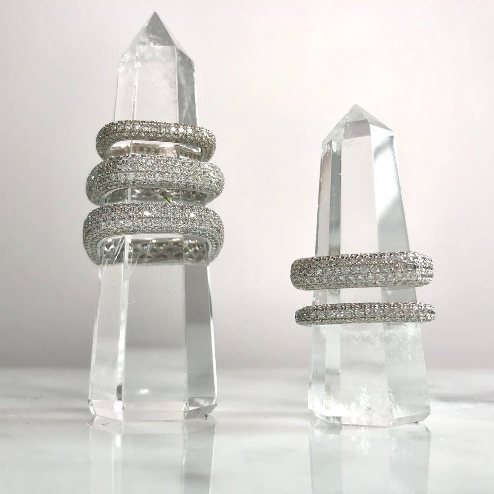 Pavé square ring in 14K gold plated sterling silver with cubic zirconia on a white background stacked by Camille Jewelry