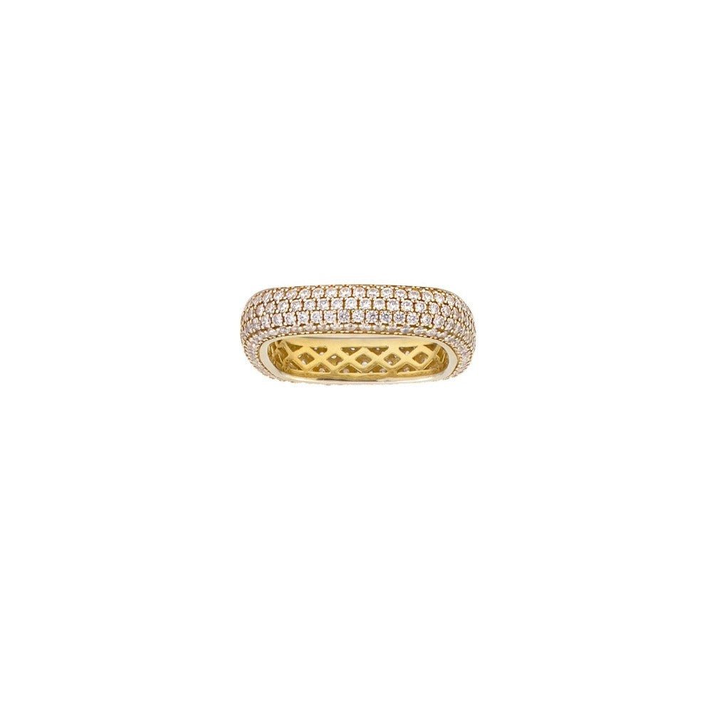 Pavé square ring in 14K gold plated sterling silver with cubic zirconia on a white background by Camille Jewelry