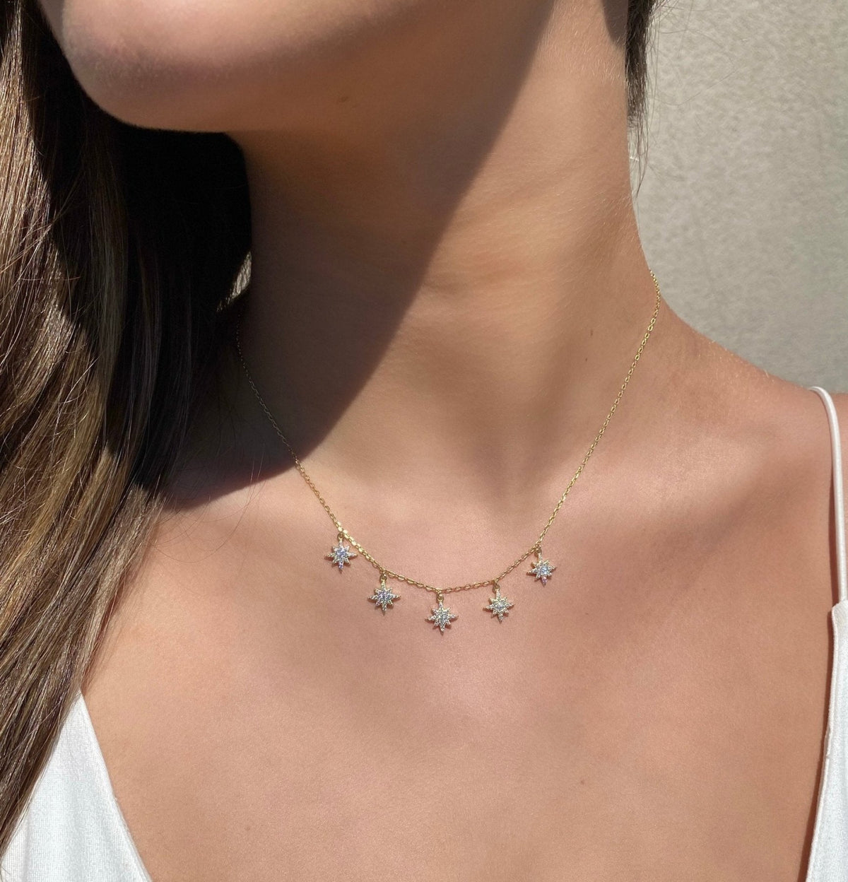 Pave Charm Star Necklace in Gold Plated Sterling Silver on a model- Camille Jewelry