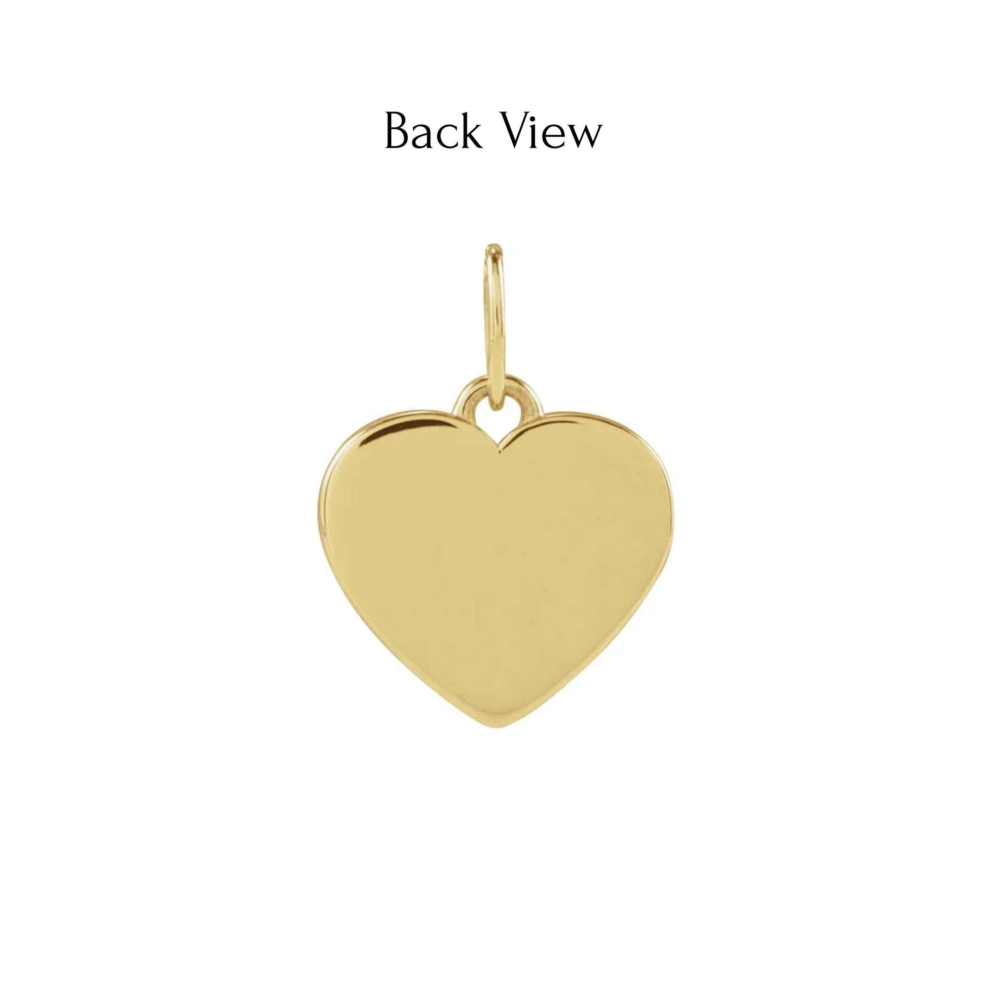 Back view of a heart shaped paw print charm in 14K yellow gold engraved plain by Camille Jewelry