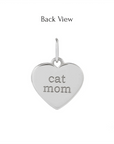 Back view of a heart shaped paw print charm in 14K yellow gold engraved with cat mom by Camille Jewelry