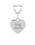 Back view of a heart shaped paw print charm in 14K yellow gold engraved with dog mom by Camille Jewelry