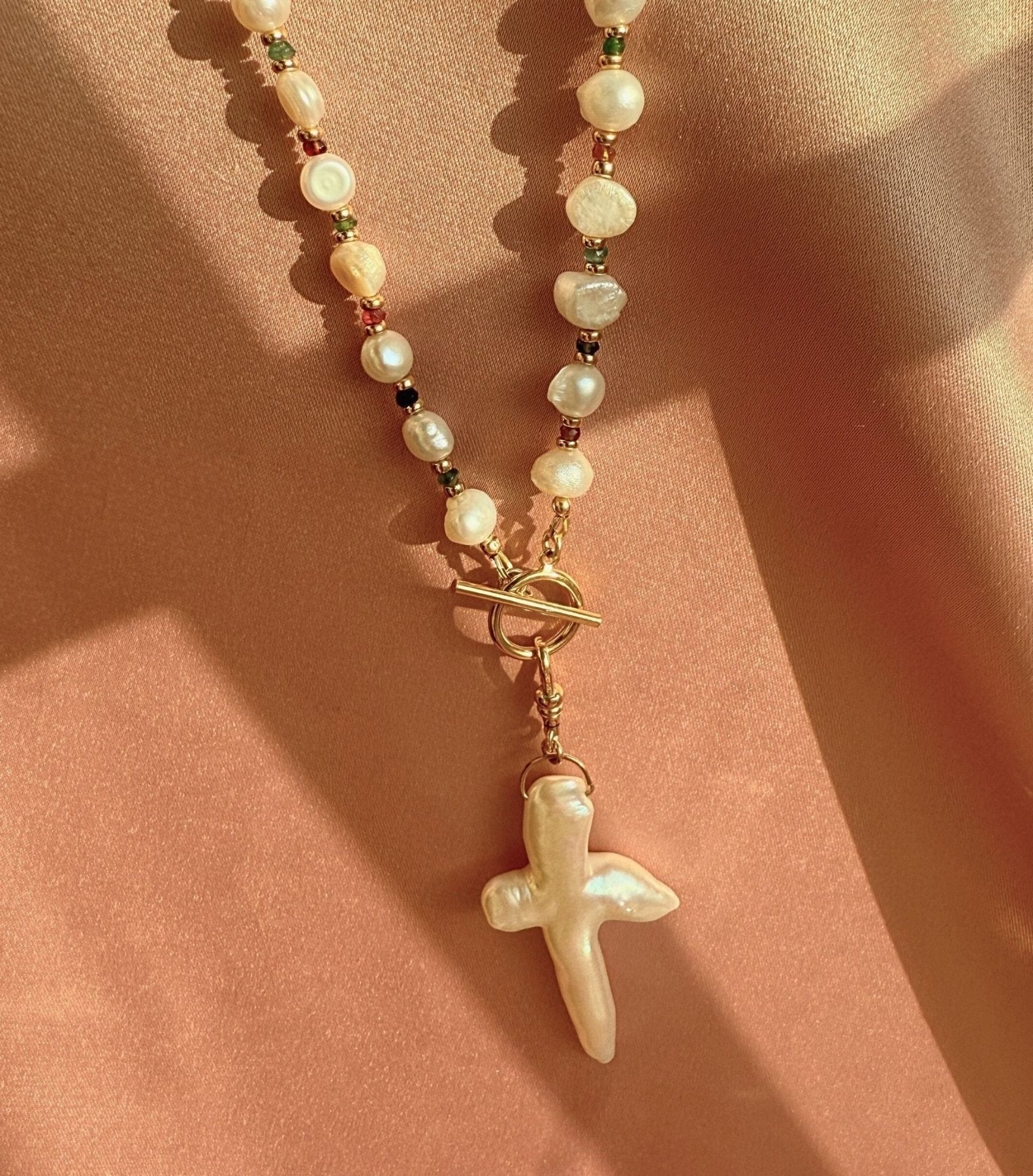 Pearl Cross Charm – Gold-Filled Swivel Connector Necklace Add-On - Camille Jewelry