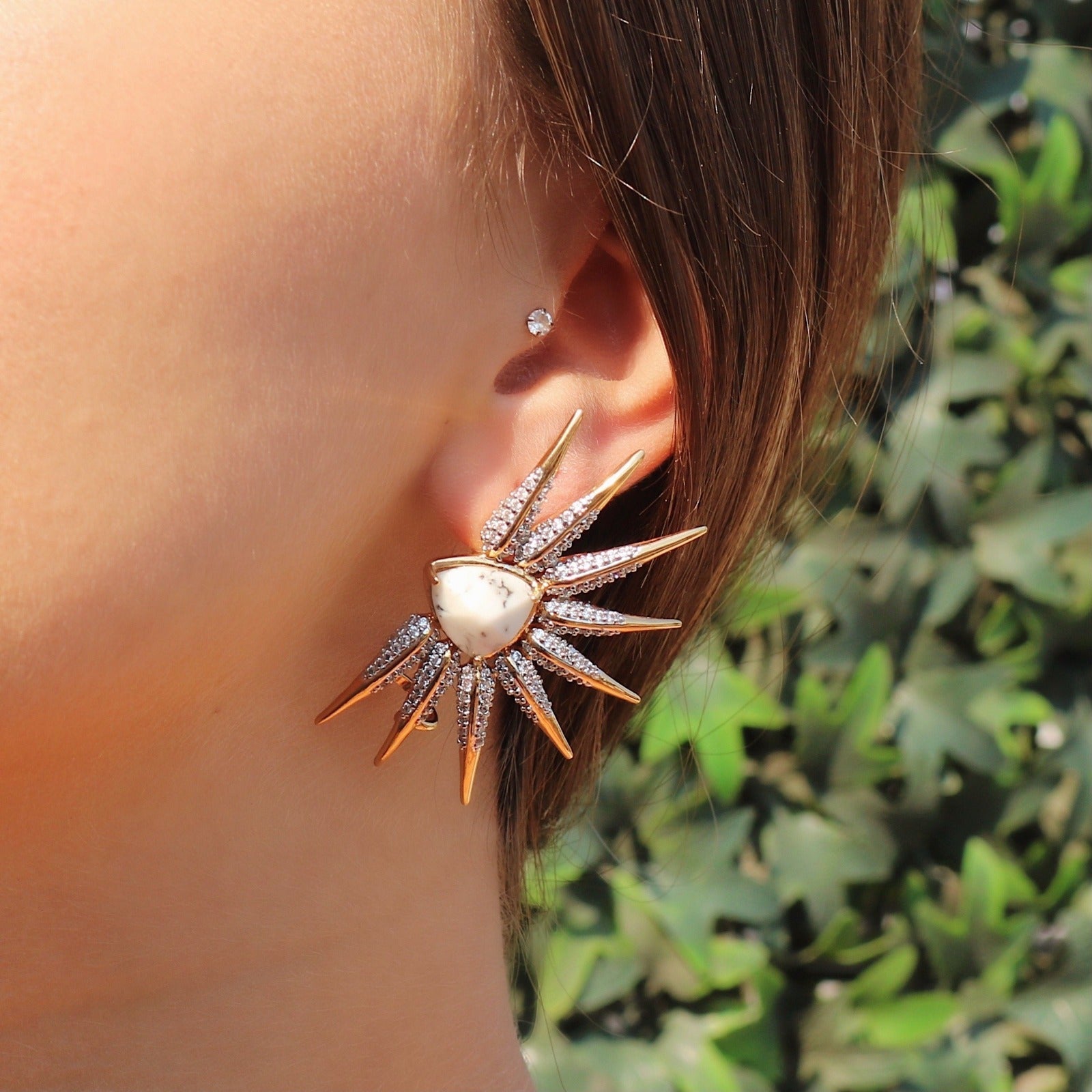 Phoenix Gold Statement Wing Earrings On Model  close up - Camille Jewelry
