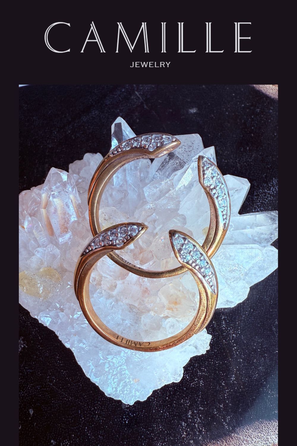 Phoenix Ring in Gold-Plated Statement Jewelry on a white Quartz display- Camille Jewelry