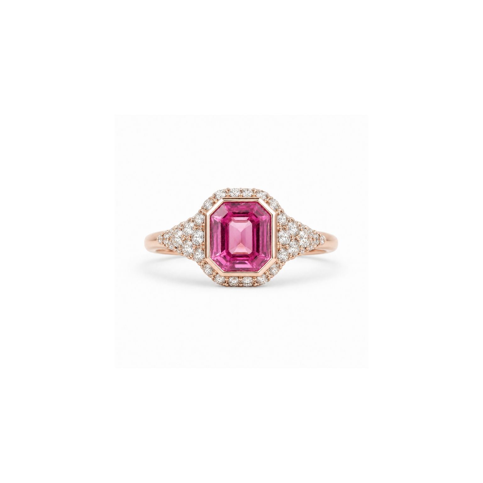 An emerald-cut pink sapphire ring in rose gold, surrounded by a halo of small clear stones and a three-stone diamond band, shown on a plain white background.
