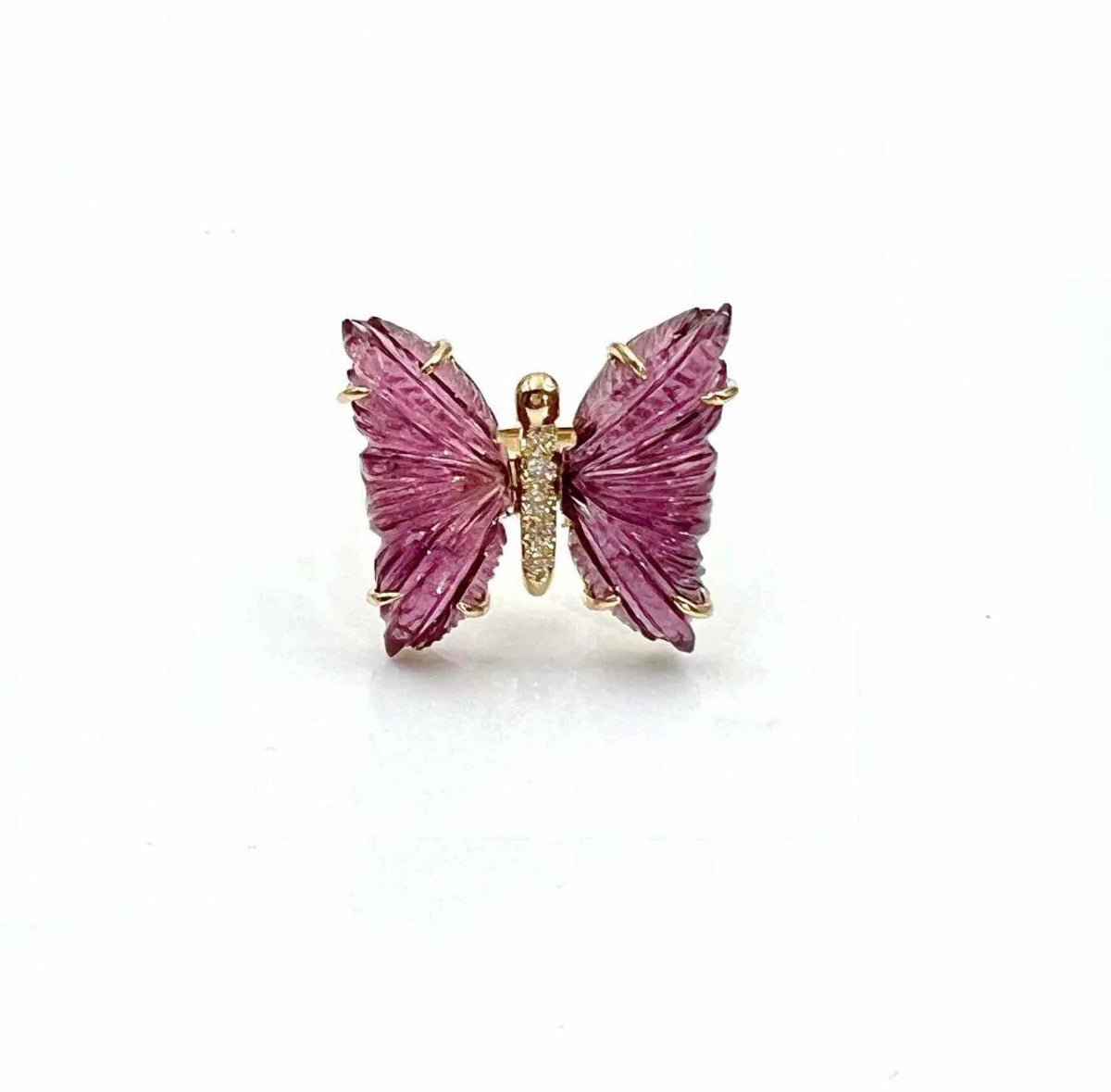 Pink Tourmaline & Diamond Butterfly Ring on a white background – 14K Gold Hand-Carved Statement Jewelry - Camille Jewelry
