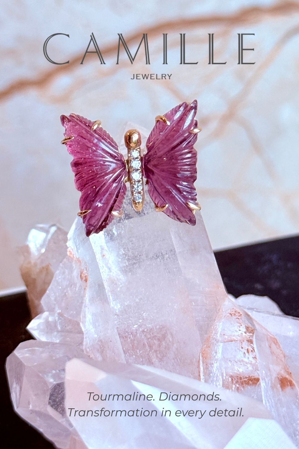 Pink Tourmaline & Diamond Butterfly Ring on a quartz display– 14K Gold Hand-Carved Statement Jewelry - Camille Jewelry