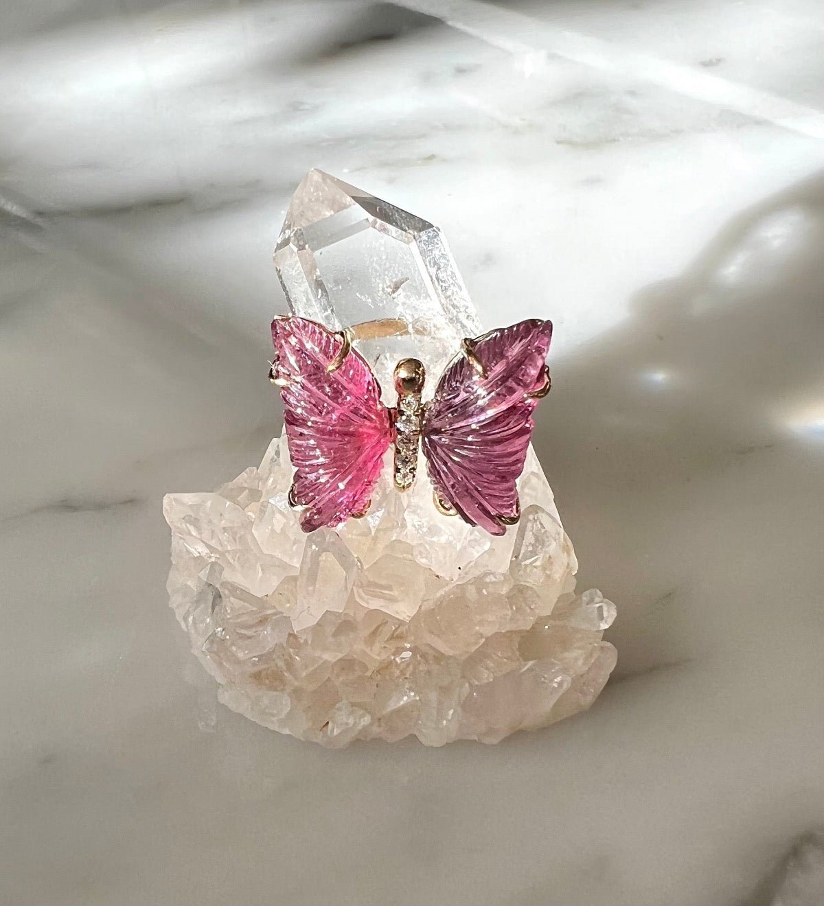 Pink Tourmaline & Diamond Butterfly Ring on quartz display– 14K Gold Hand-Carved Statement Jewelry - Camille Jewelry