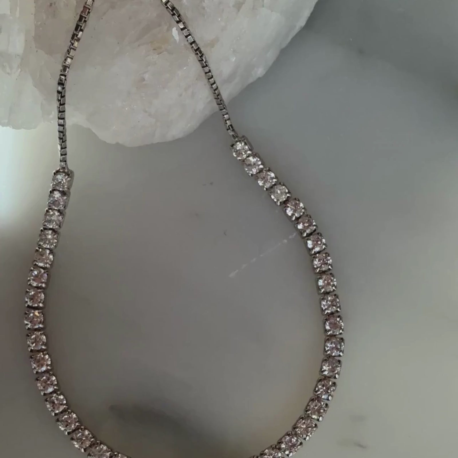 Adjustable Silver tennis bracelet with box chain video | Camille Jewelry