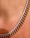 Diamond Tennis necklace with curb chain necklace layered on model | Camille Jewelry