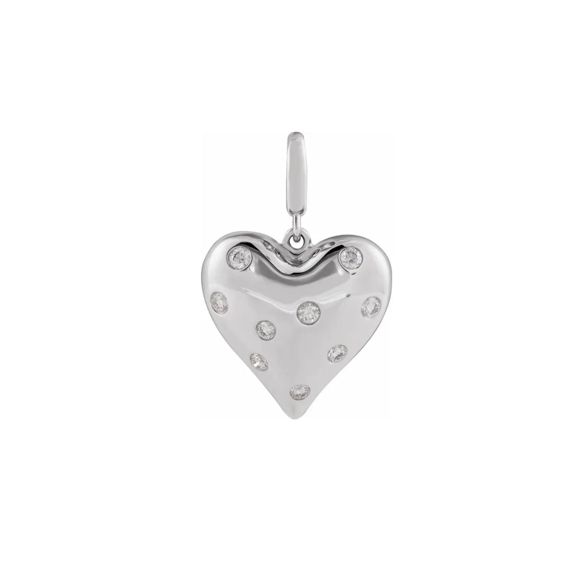 A 14k white gold puffy heart charm decorated with natural diamond stones, shown on a plain white background, Camille Jewelry.