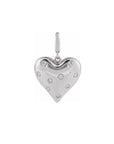 A 14k white gold puffy heart charm decorated with natural diamond stones, shown on a plain white background, Camille Jewelry.