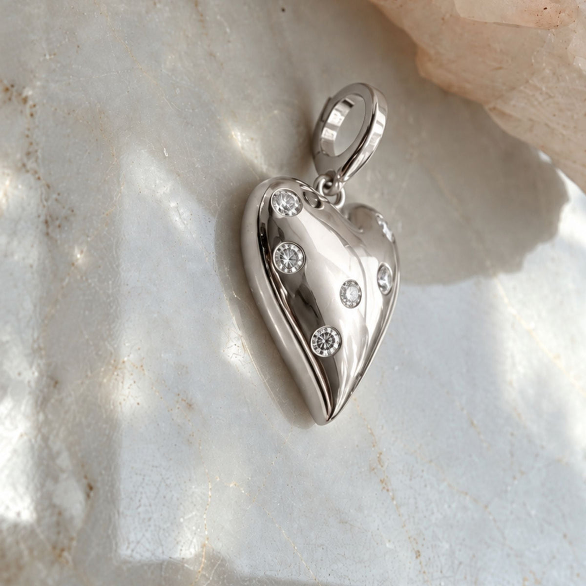 Puffy Heart Charm in Solid 14K Gold with Diamonds - Camille Jewelry