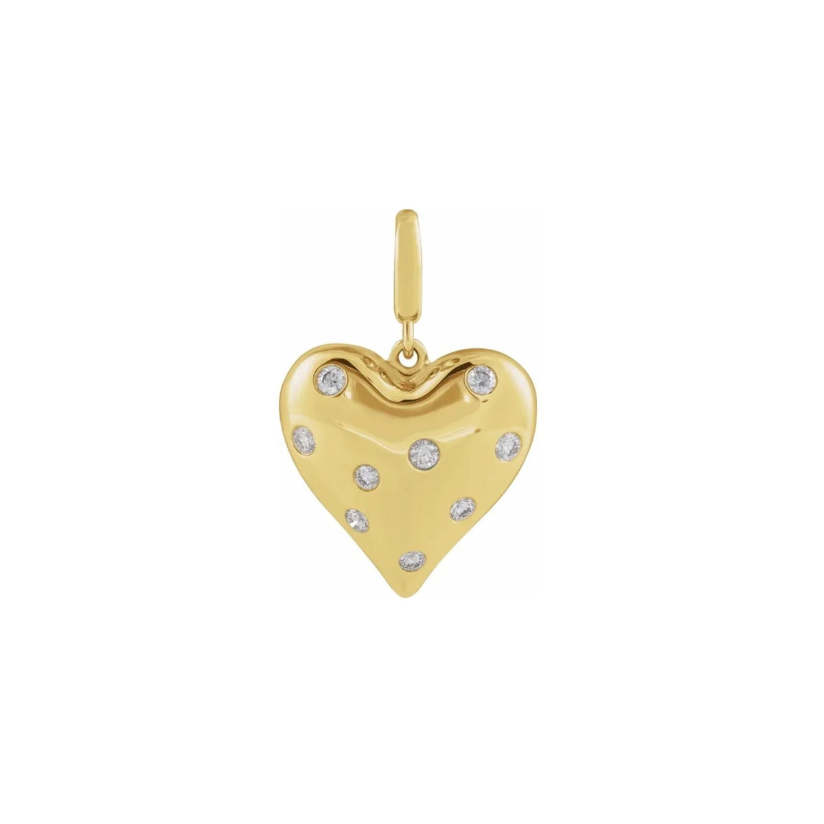 A yellow gold puffy heart charm decorated with natural diamond stones, shown on a plain white background,Camille Jewelry.