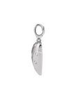 A 14k white gold puffy heart charm side view with small natural diamonds set along its side, suspended from a gold lobster clasp, shown on a plain white background, Camille Jewelry.