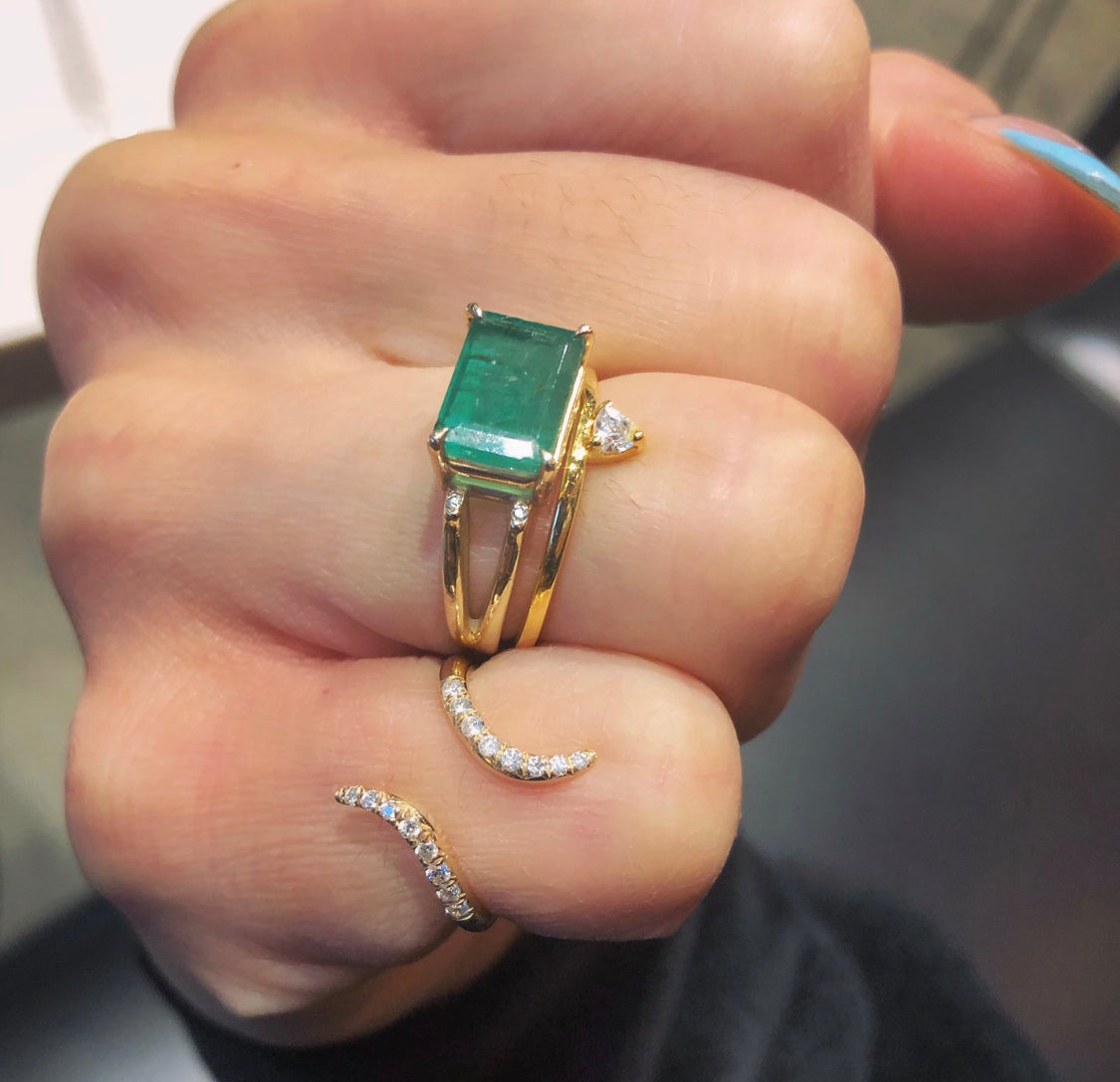 Emerald and diamond gold stack rings | Camille Jewelry